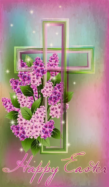Feliz Pascua Cruz Cristiana Con Flores Lila Ilustración Vectorial — Vector de stock