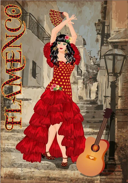 Bailarina Española Con Abanico Guitarra Ilustración Vectorial — Vector de stock