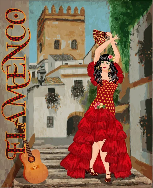 Menina Dançarina Flamenco Com Guitarra Sp4Nish Cartão Cidade Ilustração Vetorial —  Vetores de Stock