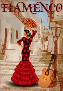 Flamenko dansçısı, hayran ve gitarlı genç kadın, İspanyol şehir kartı, vektör illüstrasyonu