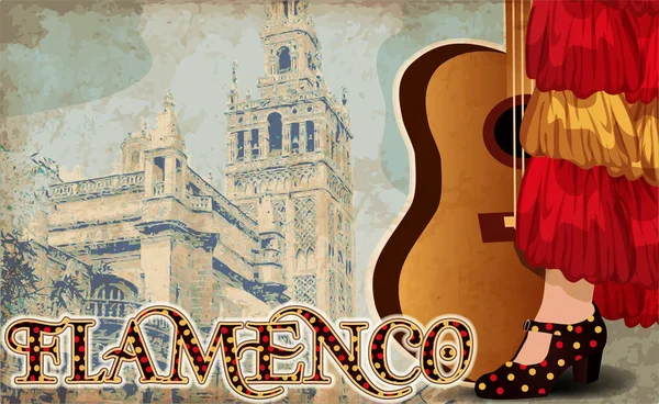 Flamenco Greetong Prapor Španělskou Vlajkou Vektorová Ilustrace — Stockový vektor