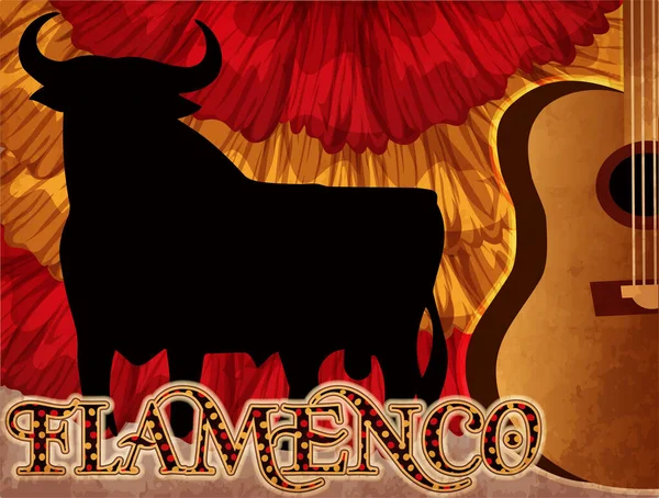 Banner Saludo Flamenco Con Guitarra Toro Español Ilustración Vectorial — Vector de stock