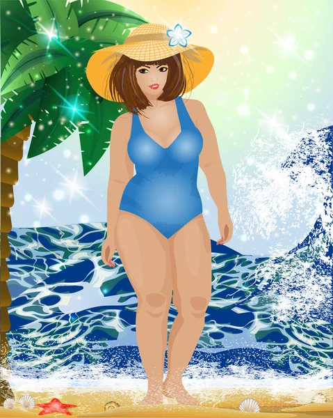 Συν Μέγεθος Σέξι Γυναίκα Στην Καλοκαιρινή Παραλία Διανυσματική Απεικόνιση — Διανυσματικό Αρχείο
