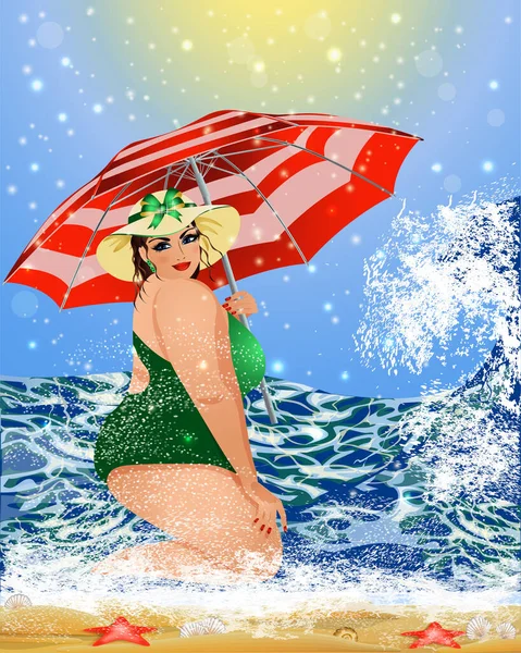 夏のビーチでパラソルとプラスサイズの女性 ベクトルイラスト — ストックベクタ