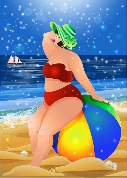 Linda Mujer Tamaño Grande Con Pelota Playa Verano Ilustración Vectorial — Archivo Imágenes Vectoriales