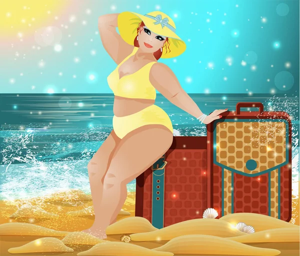 Voyage Femme Grosse Bikini Avec Des Valises Sur Plage Été — Image vectorielle