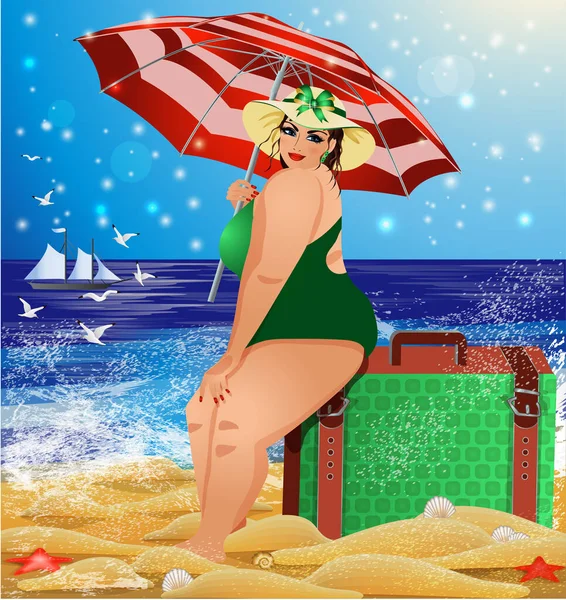 Ταξίδι Συν Μέγεθος Γυναίκα Μπικίνι Βαλίτσες Στην Παραλία Διανυσματική Απεικόνιση — Διανυσματικό Αρχείο