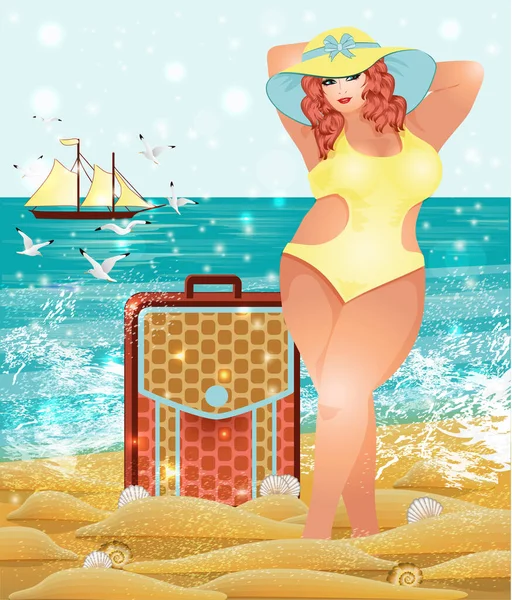 漂亮的胖女人 手提箱 旅行夏季卡 病媒图解 — 图库矢量图片