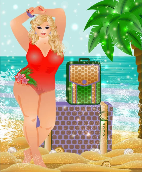 Путешествуйте Толстая Женщина Чемоданами Летнем Пляже Векторная Иллюстрация — стоковый вектор