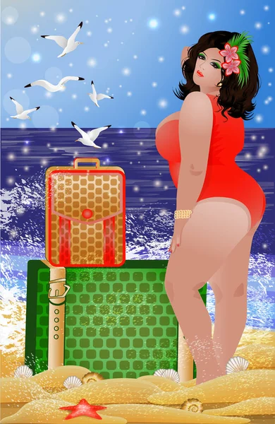 带着手提箱 穿着比基尼的可爱的胖女人旅行 病媒图解 — 图库矢量图片