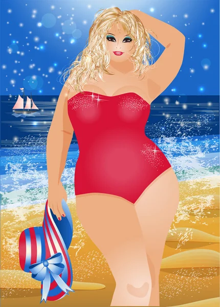 Además Tamaño Sexy Mujer Rubia Playa Verano Vector Ilustración — Vector de stock