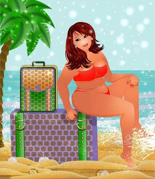 スーツケース 夏のパーティーカード ベクトルイラストと旅行脂肪女性 — ストックベクタ