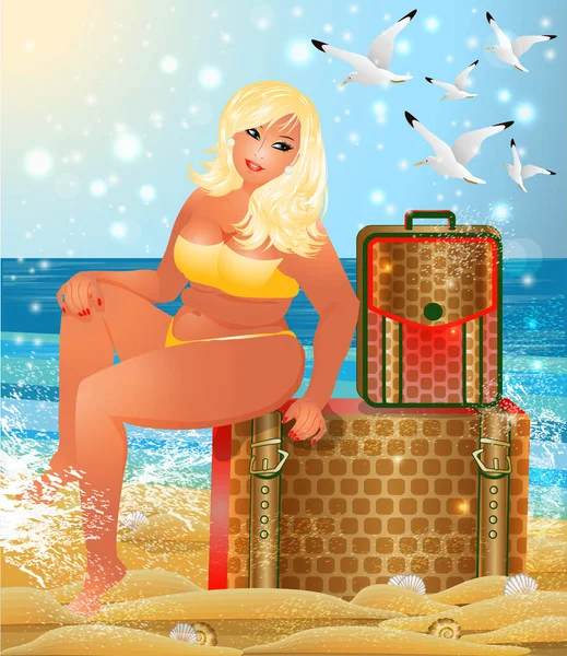 Viaggio Bionda Donna Grassa Bikini Con Valigie Illustrazione Vettoriale — Vettoriale Stock