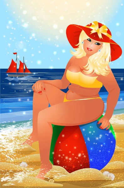 Rozmiar Kobieta Piłką Letniej Plaży Wektor Ilustracji — Wektor stockowy