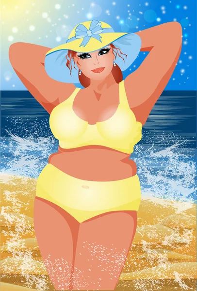 Size Seksuele Vrouw Bikini Het Zomerstrand Vector Illustratie — Stockvector