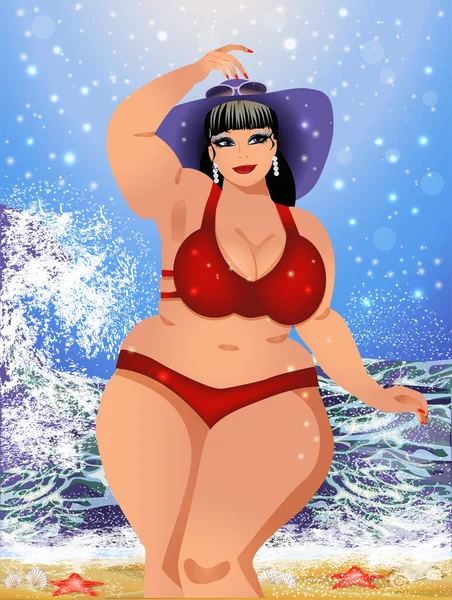Mujer Talla Grande Bikini Playa Verano Ilustración Vectorial — Archivo Imágenes Vectoriales