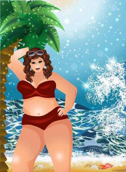 Size Donna Sessuale Con Palma Sulla Spiaggia Estiva Illustrazione Vettoriale — Vettoriale Stock