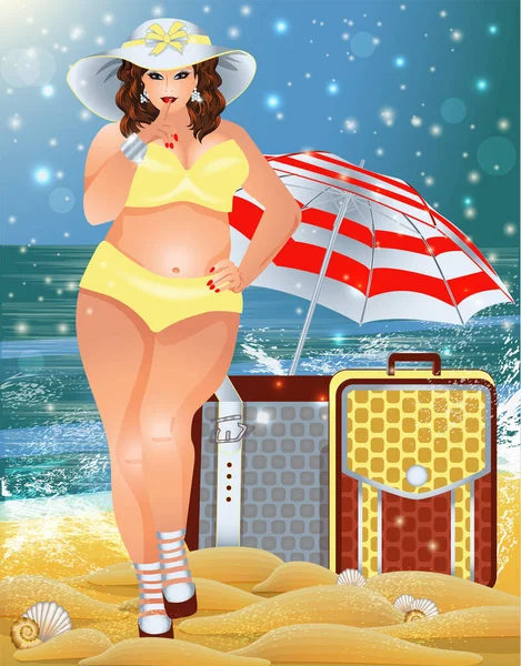 Viaggio Size Donna Bikini Con Valigie Illustrazione Vettoriale Carta Estiva — Vettoriale Stock