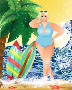 Artı yaz plajında boy sarışın kadın, vektör çizimi.