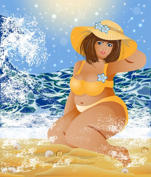 プラスサイズの女性でビキニで夏のビーチ ベクトルイラスト — ストックベクタ