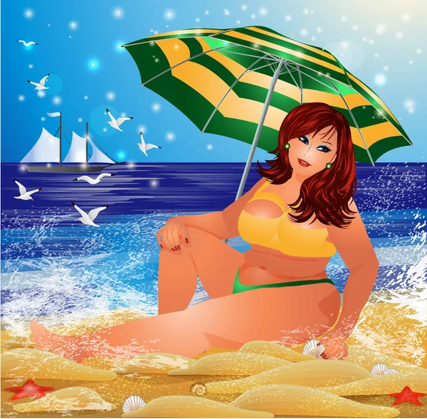 夏季卡片 外加热带海滩上有阳伞的大块头妇女 病媒图解 — 图库矢量图片
