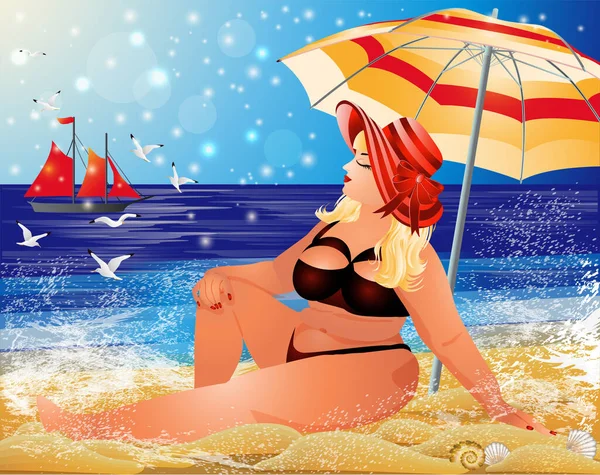 Zomer Feestkaart Size Vrouw Het Tropische Strand Vector Illustratie — Stockvector