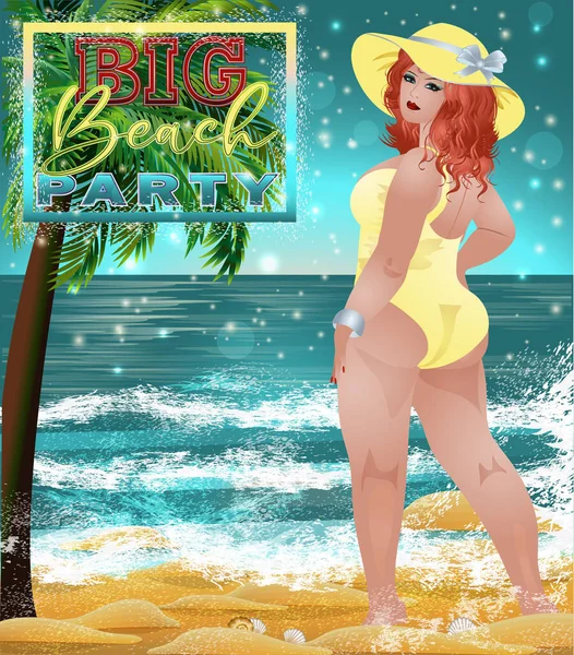 Groot Strandfeest Grootte Vrouw Het Strand Palm Vector Illustratie — Stockvector