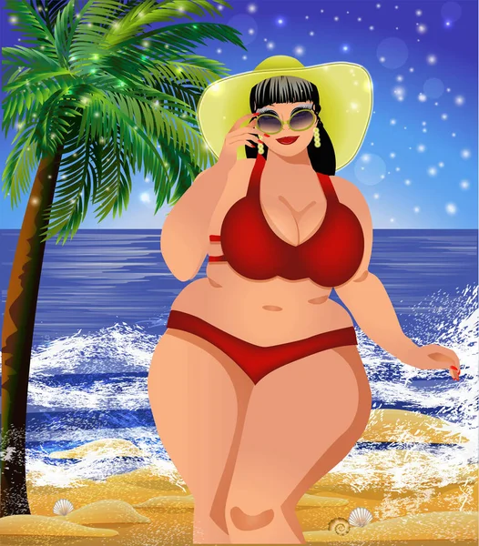Size Donna Con Occhiali Sole Sulla Spiaggia Palmo Illustrazione Vettoriale — Vettoriale Stock
