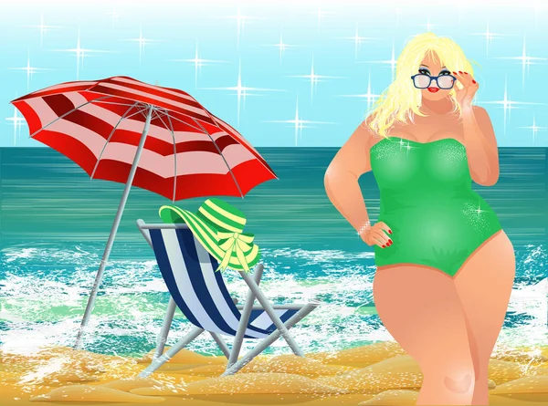 Size Blonde Woman Tropical Beach Summer Time Vip Card Vector — Stock Vector