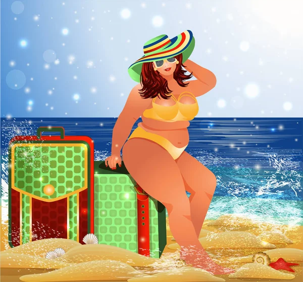 Viaggio Donna Grassa Bikini Con Valigie Sulla Spiaggia Illustrazione Vettoriale — Vettoriale Stock