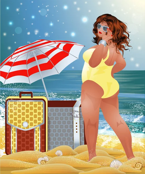 Viagem Mulher Size Com Malas Ilustração Vetor Cartão Verão —  Vetores de Stock