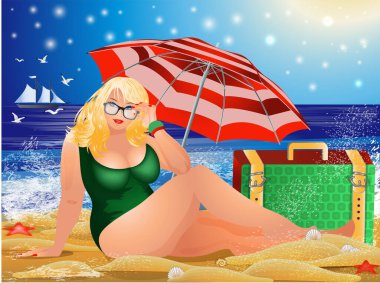 Seyahat artı şemsiye ve bavullu kadın, yaz kartı illüstrasyonu