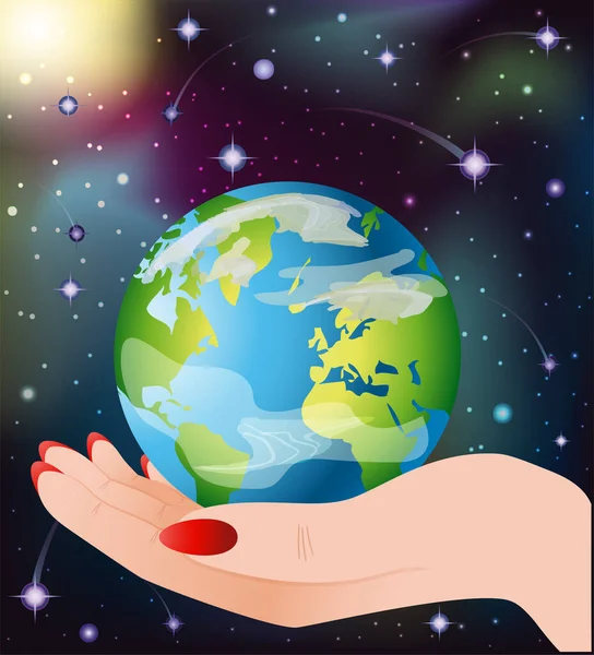 Eco Background Female Hand Holding Planet Vector Illustration — 스톡 벡터