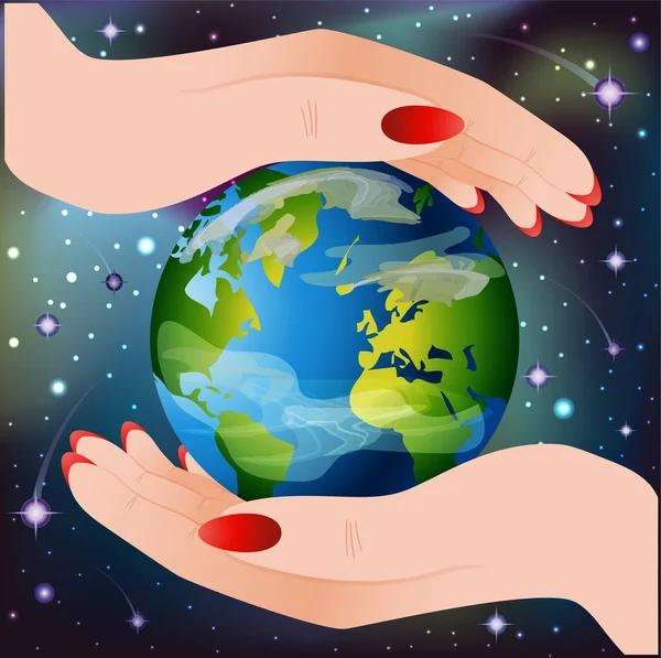 エコカード地球を持つ女性の手ベクトルイラスト — ストックベクタ