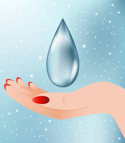 Ökokarte Weibliche Hand Fängt Einen Wassertropfen Vektorillustration — Stockvektor