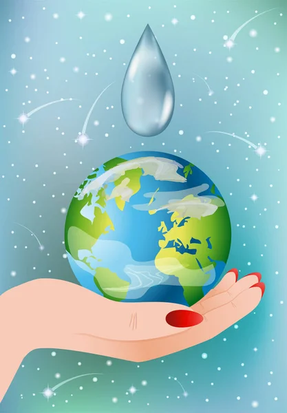 Eco Tarjeta Mano Femenina Sosteniendo Planeta Tierra Gota Agua Ilustración — Vector de stock