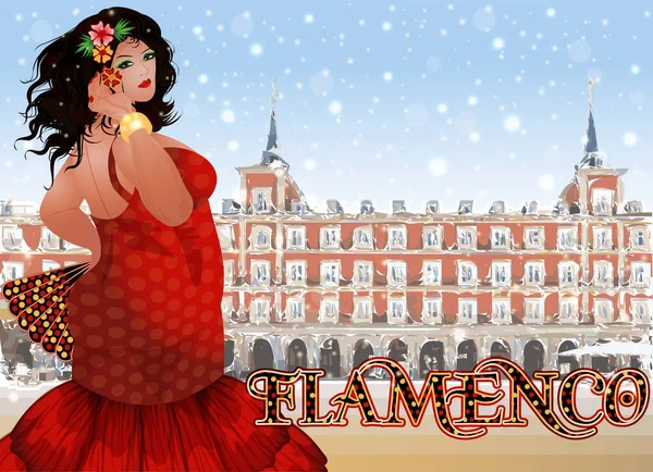 Flamenco Χορό Ισπανική Χοντρή Γυναίκα Έναν Ανεμιστήρα Κάρτα Μαδρίτης Διανυσματική — Διανυσματικό Αρχείο