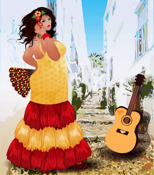 Flamenco Dança Espanhola Mulher Gorda Aldeia Andaluza Ilustração Vetorial — Vetor de Stock