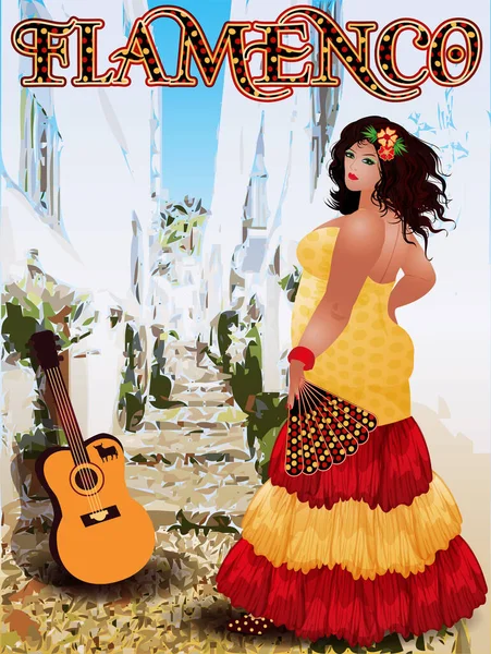 Flamenco Dans Spanska Xxl Kvinna Byn Inbjudningskort Vektor Illustration — Stock vektor