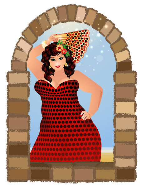Flamenco dance Spanish xxl woman with a fan,  vector illustration