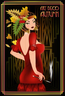 Sonbahar sanat deco flapper girl, vektör illüstrasyon