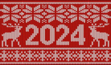 Örülmüş Mutlu yeni 2024 bayrağı Kar ve xmas geyikleri, vektör illüstrasyonu