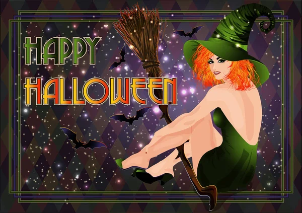 Feliz Halloween Vip Card Pelirroja Bruja Escoba Vector Ilustración — Vector de stock