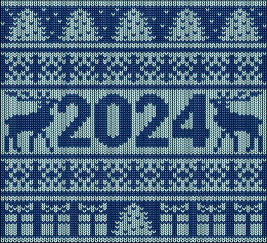 Mutlu yeni 2024 yıllığı hediye kutusu ve xmas geyikli, vektör illüstrasyonlu