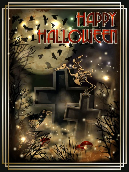 Happy Halloween Invitation Card Raven Cemetery Cross Vector Illustration — Stock Vector