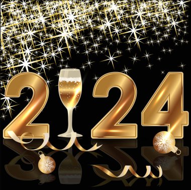 Yeni 2024 Yıllık Mutlu Noeller kartı ile şampanya, vektör illüstrasyonu