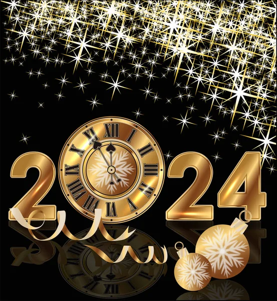 Feliz Ano Novo 2024 Feliz Natal Cartão Saudação Com Relógio — Vetor de Stock