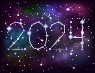 Yeni 2024 yılın kutlu olsun. Gece gökyüzü ve yıldız, vektör illüstrasyonu.
