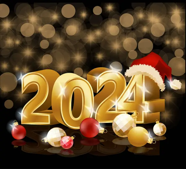 新的2024黄金年 有圣诞球 矢量图解 矢量图形
