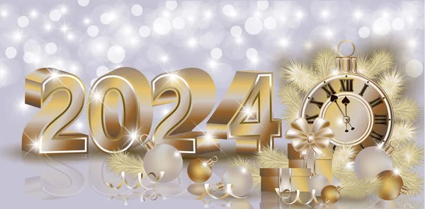 Happy New 2024 Année Bannière Avec Horloge Boules Noël Illustration Vecteurs De Stock Libres De Droits